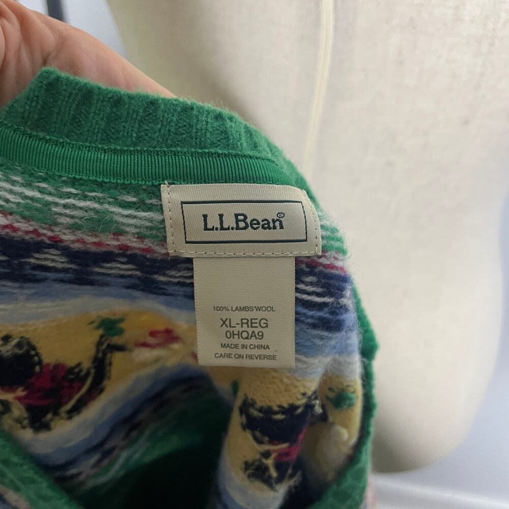 L.L. Bean Sweater Womens XL Green Scottie Dog Lambswool Fair Isle Button Front - Picture 6 of 8